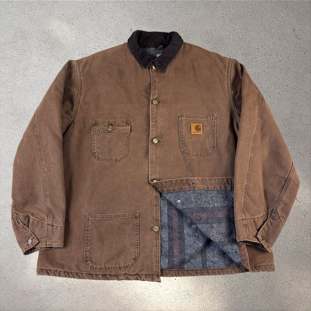 Vintage Carhartt C02 CHT Chore Coat Jacket 2XL Tall Brown Blanket Lined USA Made